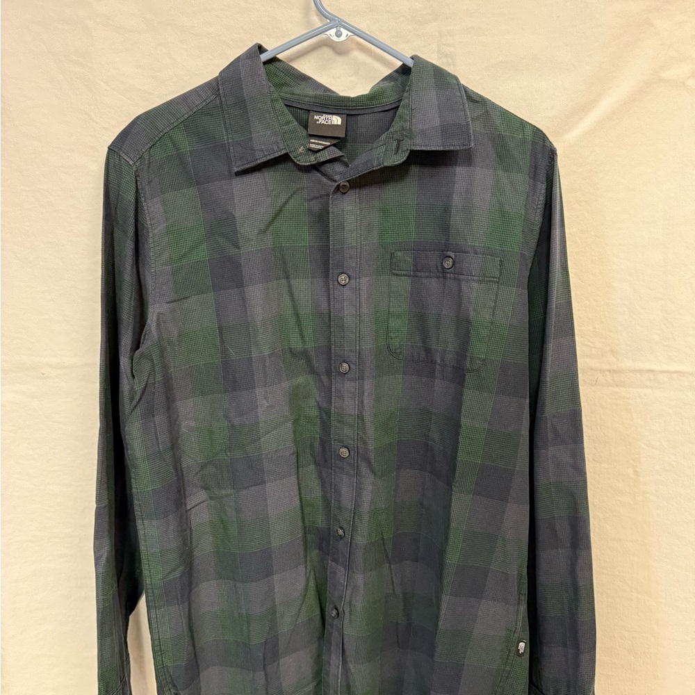 The North Face Men's Green and Black Plaid Button-Down Shirt